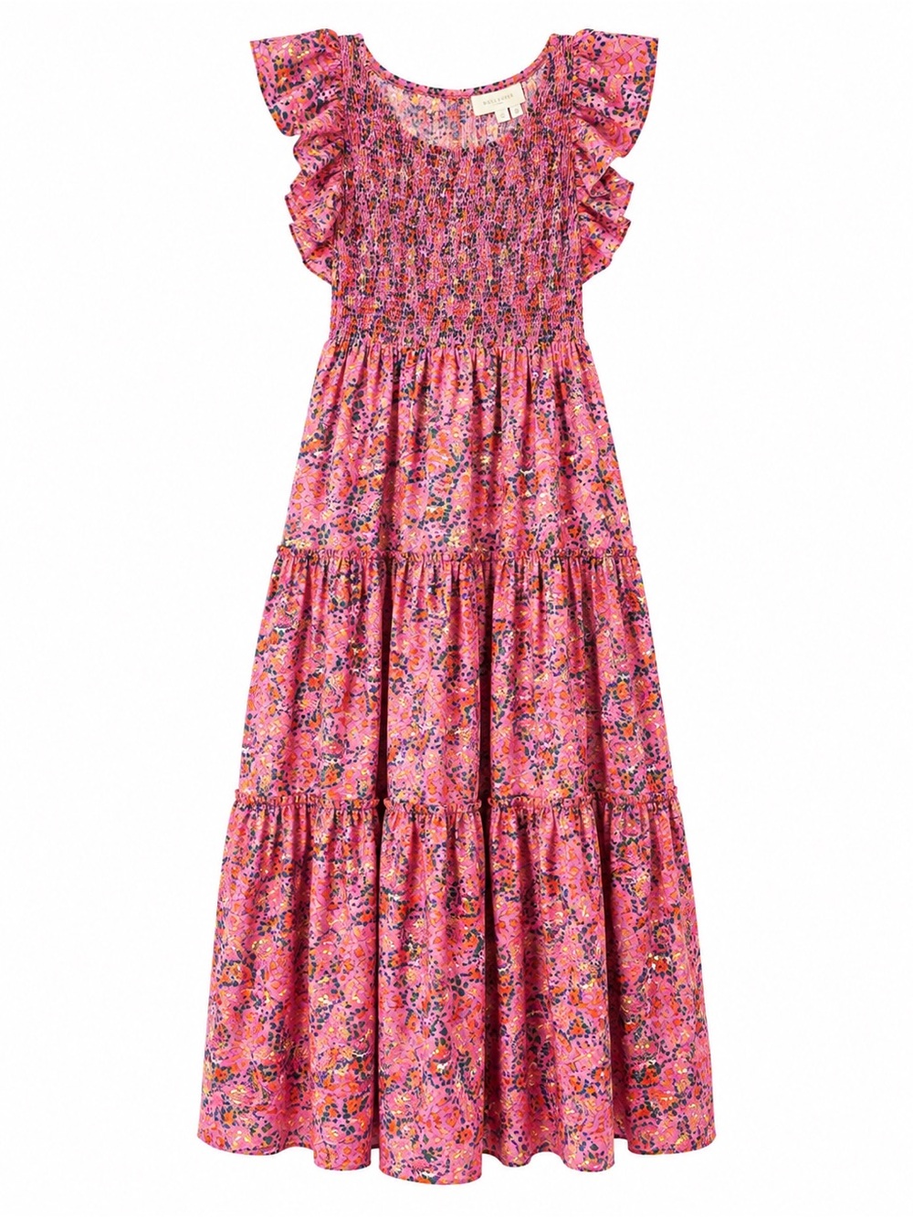 Melloday L Pink Floral Smocked Ruffle Tiered Maxi Dress Cottagecore Romantic - Picture 2 of 5
